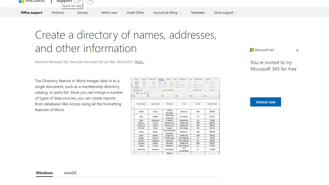 Create a directory of names, addresses, and other information